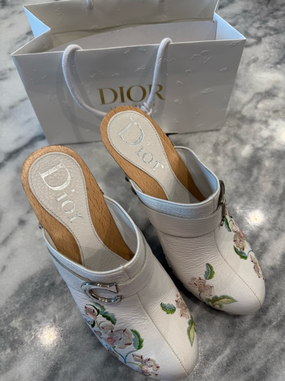 DIOR White Leather Floral Embroidered Mules